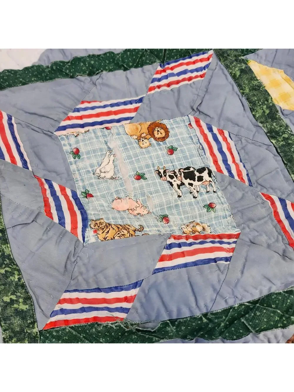 Handmade Quilt Farm Animals Print Throw Colorful Patchwork Shabby Chic Tattered
